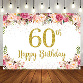 Aperturee - Pink Floral Glitter Gold White 60th Birthday Backdrop